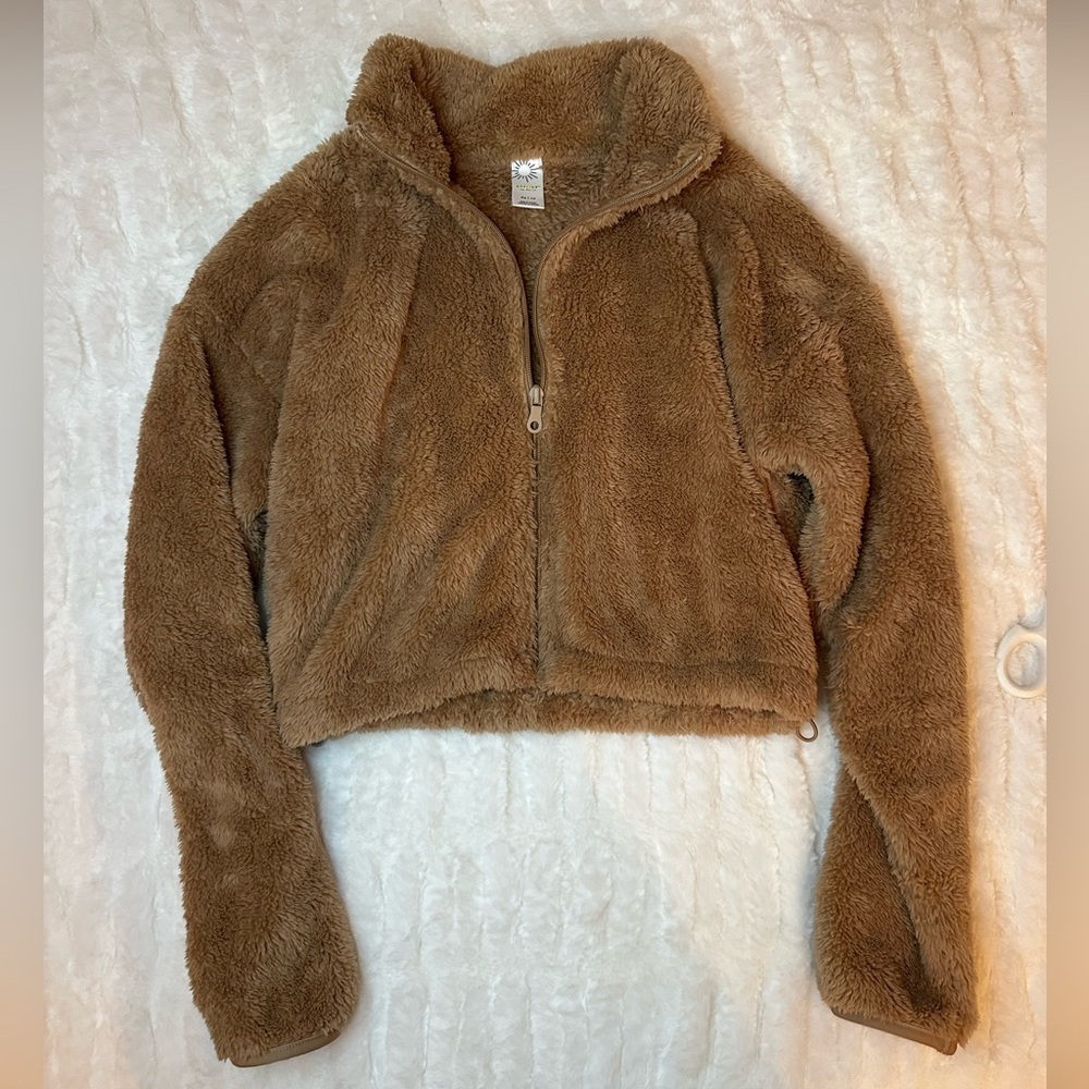 Aerie Offline Fluffy Sherpa Cropped Cozy Brown Teddy Jacket Size XS - Picture 6 of 10